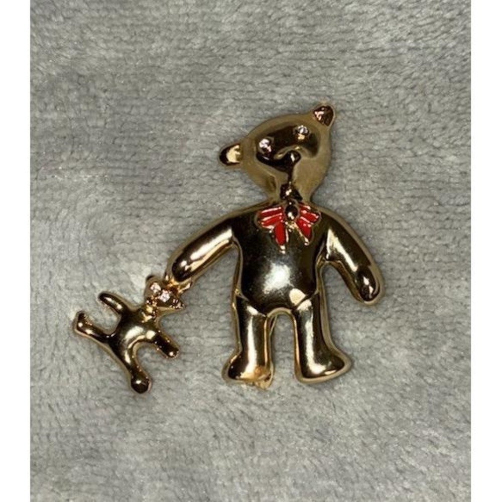 Teddy Bear With A Teddy Toy Vintage Gold Tone and Rhinestones Pin Brooch 1.5"